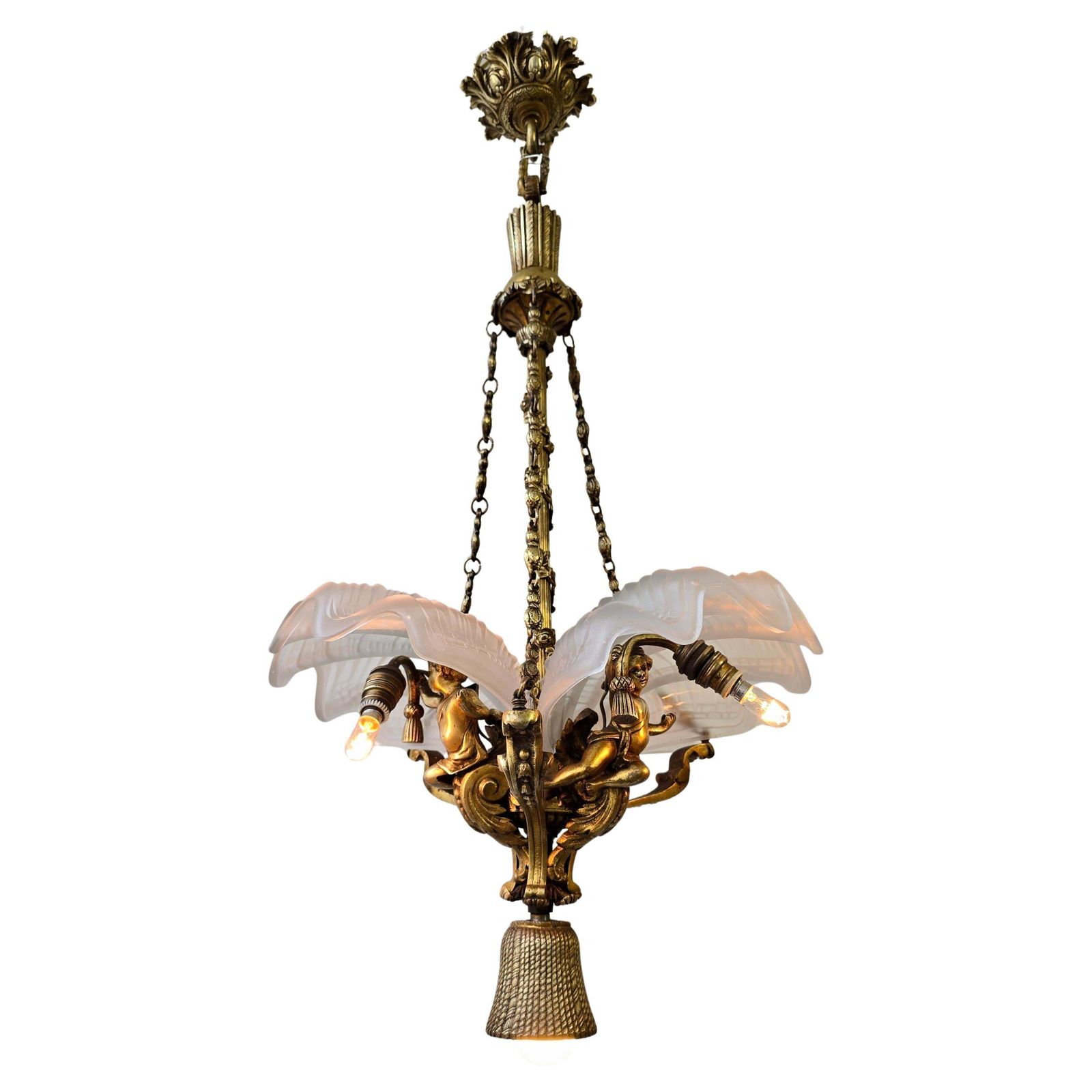 French Cherub And White Frosted Glass Chandelier