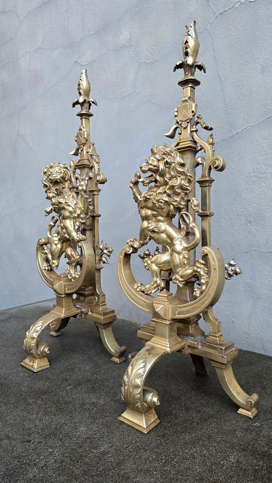 Antique Bronze Fireplace Set With Majestic Lion Chenets Andirons photo 14581.0