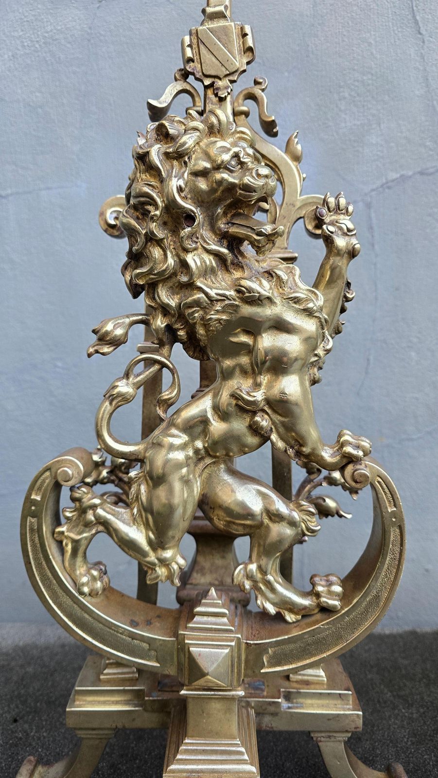Antique Bronze Fireplace Set With Majestic Lion Chenets Andirons photo vintage