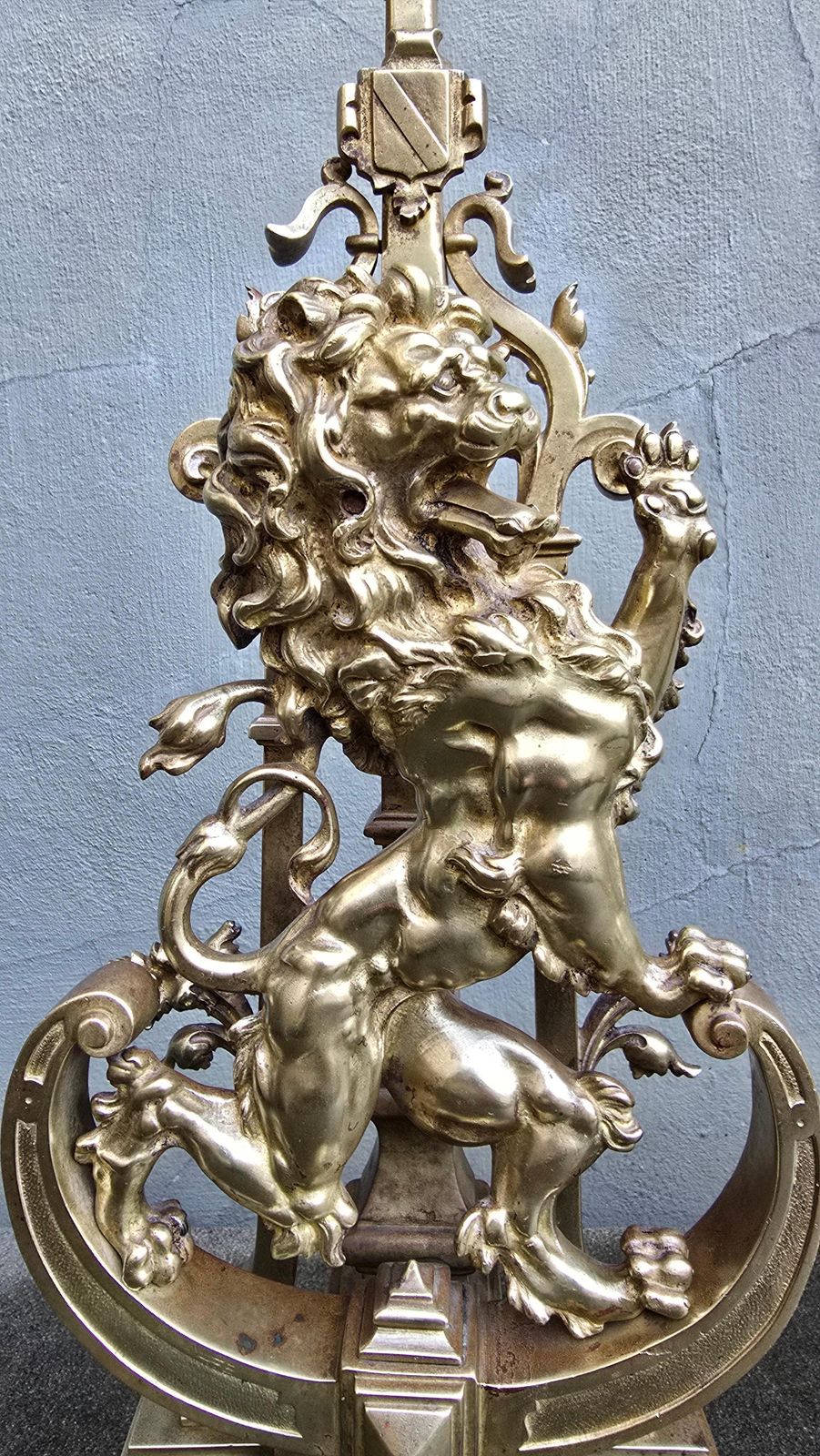 photo for sale Antique Bronze Fireplace Set With Majestic Lion Chenets Andirons