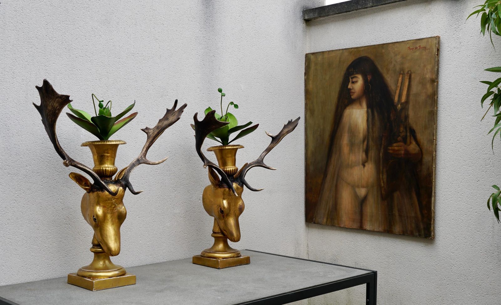 Beautiful Pair Of Golden Deer Heads With Antlers And Flower Pots photo 15439.0