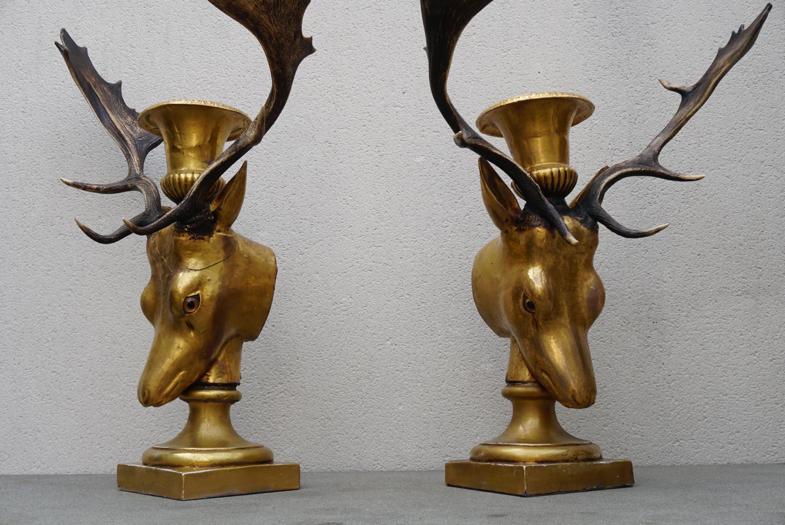 Beautiful Pair Of Golden Deer Heads With Antlers And Flower Pots photo vintage