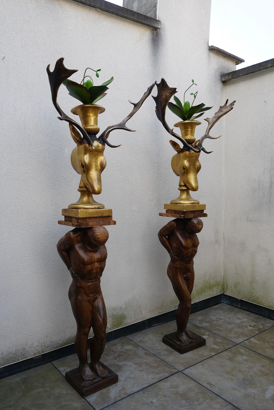 15439.0 Beautiful Pair Of Golden Deer Heads With Antlers And Flower Pots photo