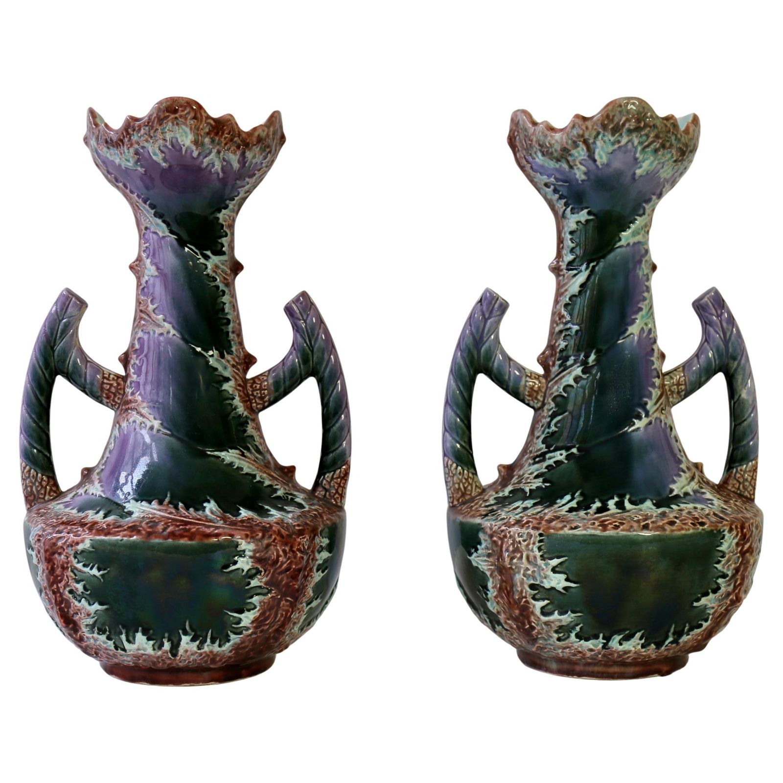 Pair Of Unique Ceramic Vases Fat Lava Style With Art Nouveau/Art Deco Influence