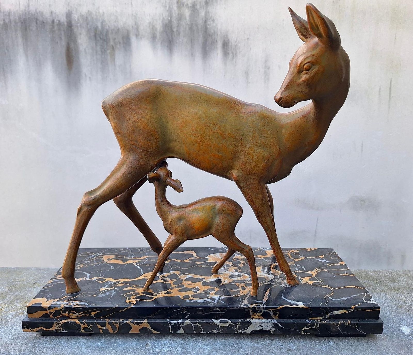 Art Deco Bronze Depicting A Doe And Its Fawn On A Black Marble Base photo for sale