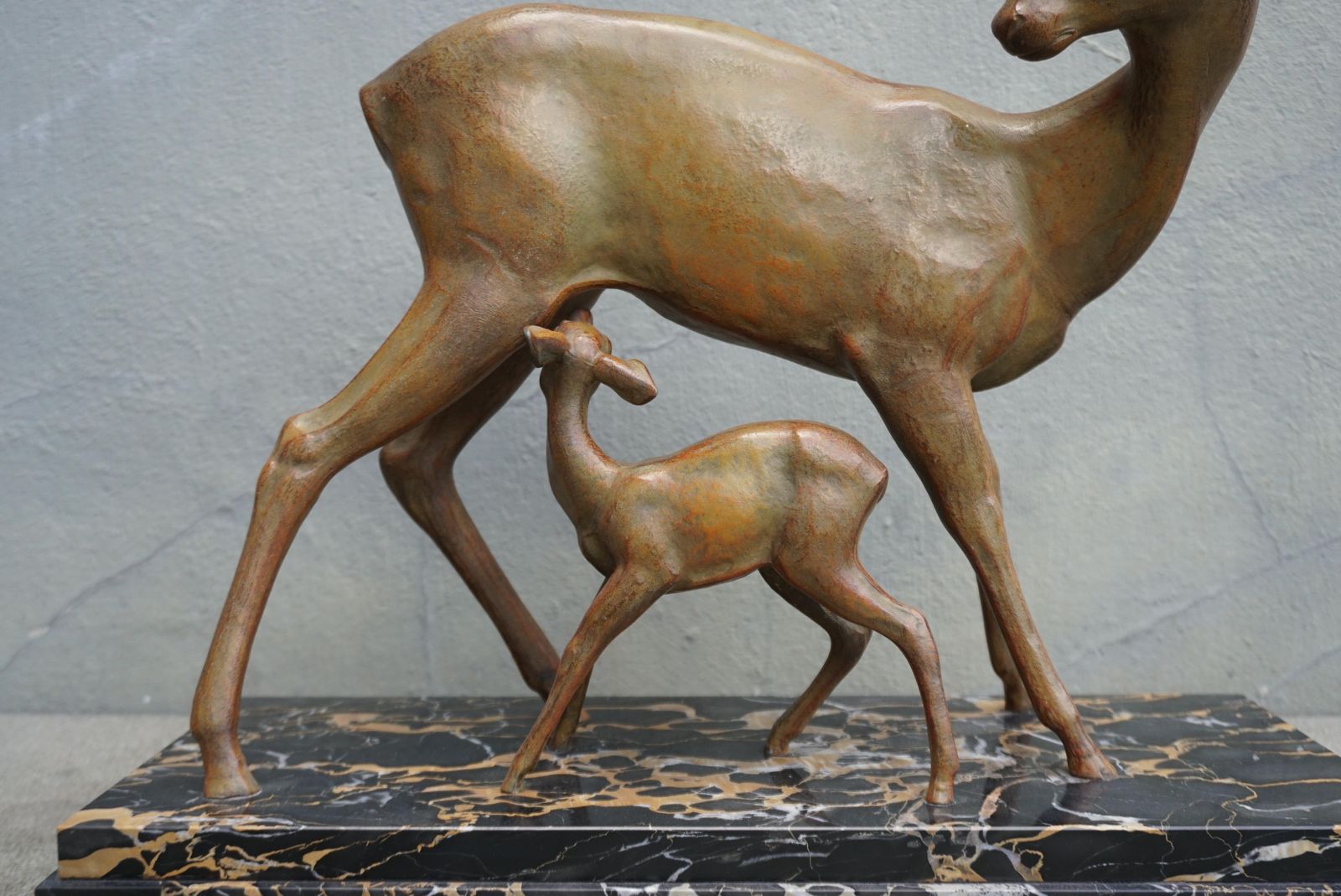 Art Deco Bronze Depicting A Doe And Its Fawn On A Black Marble Base photo vintage