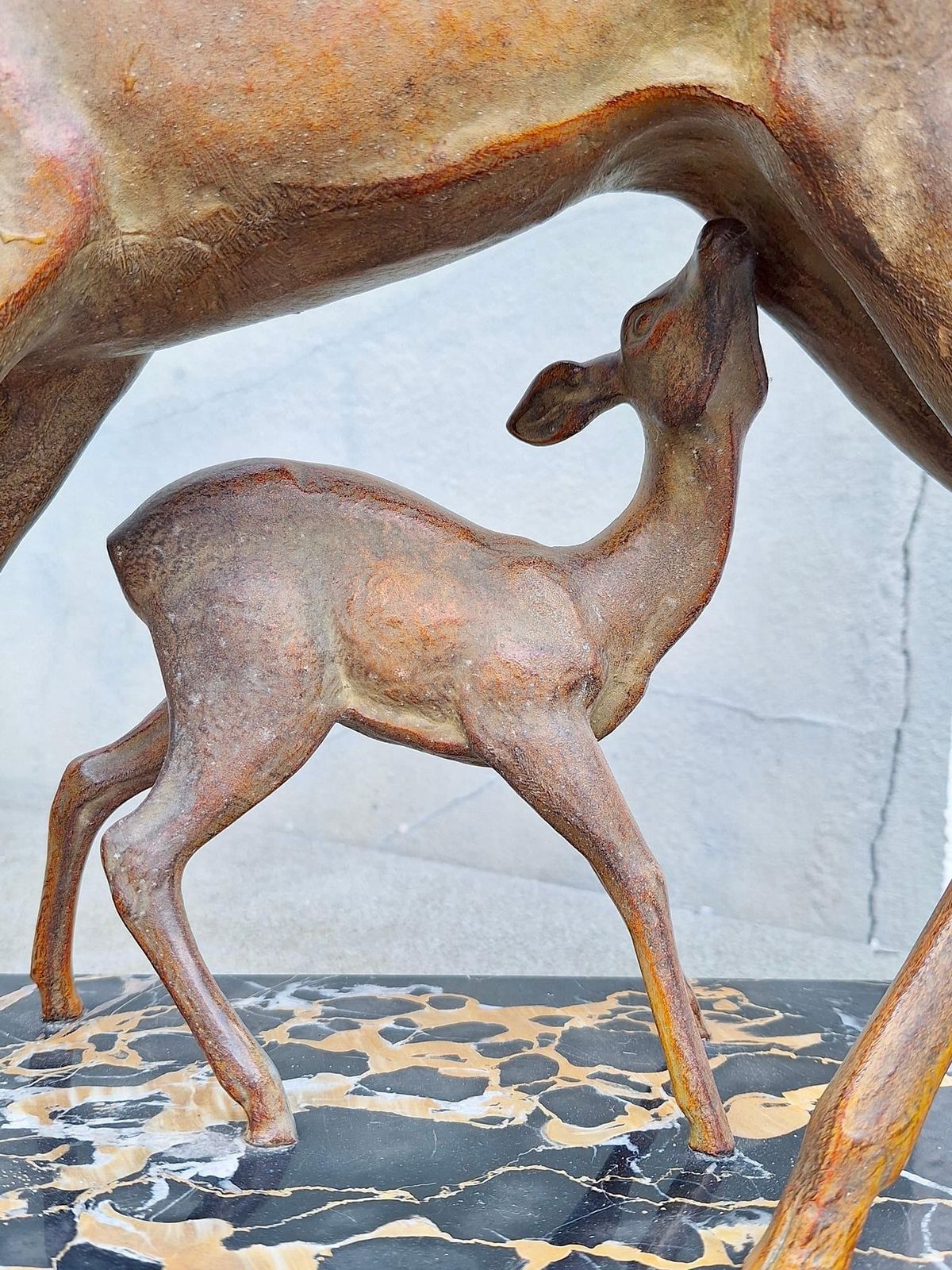 photo for sale Art Deco Bronze Depicting A Doe And Its Fawn On A Black Marble Base
