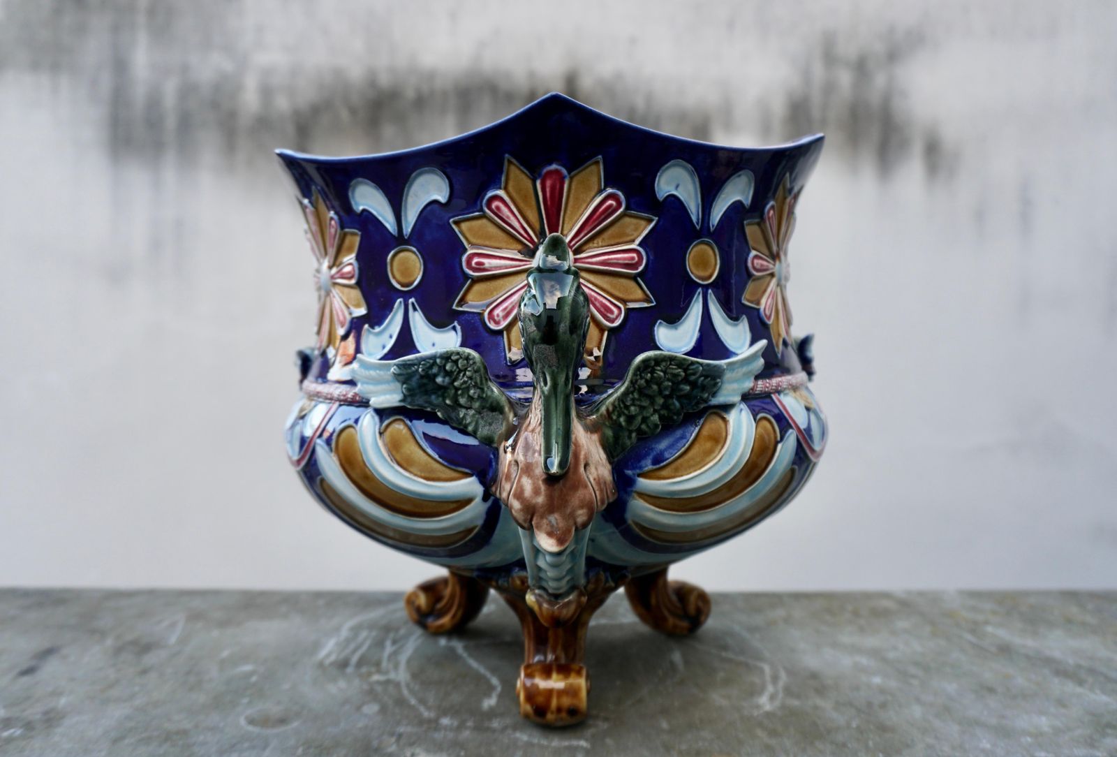 Rare Antique French Majolica Planter Jardiniere With Winged Griffins And Flowers photo 2316.0