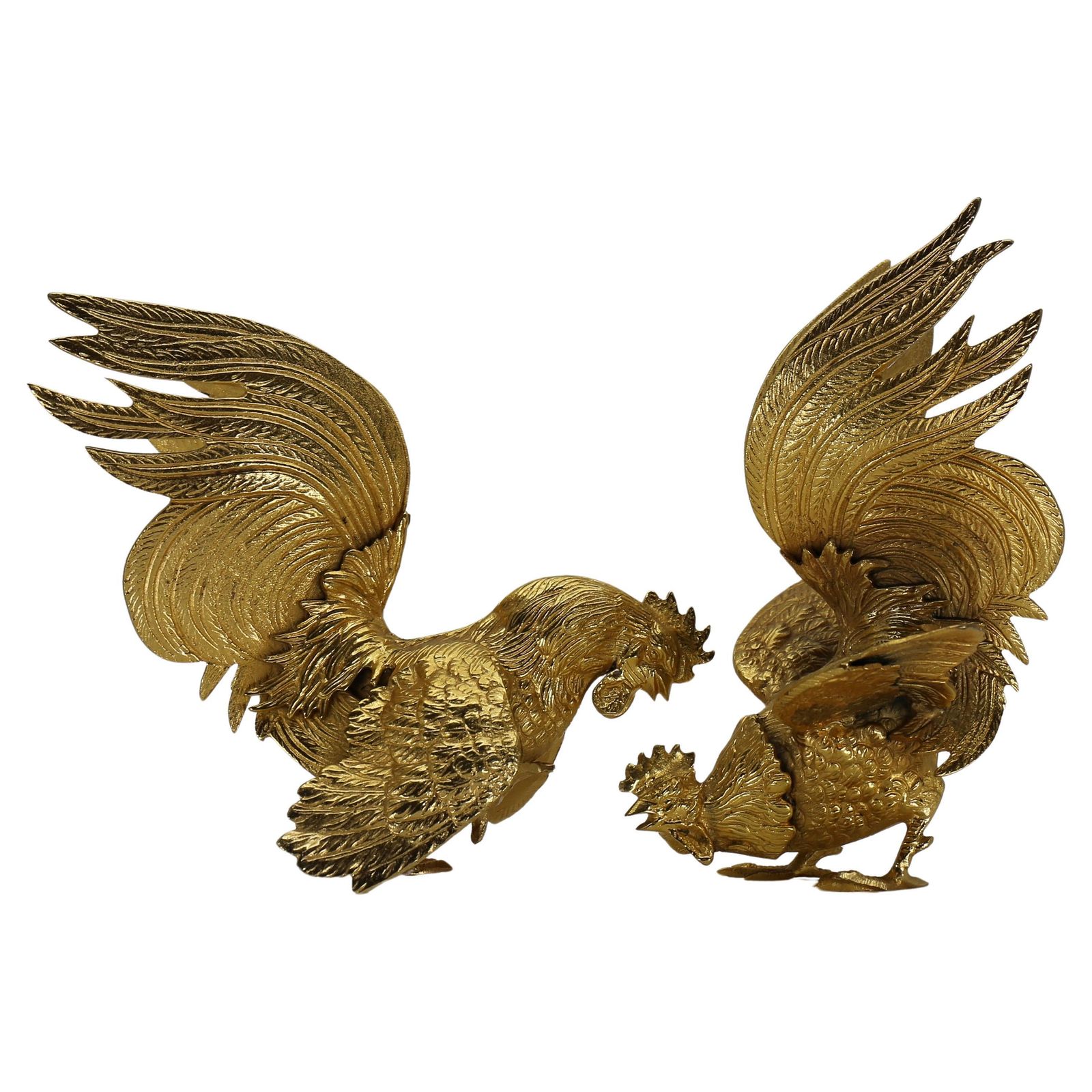 Majestic Gilt Brass Rooster Sculpture Figure, Set 2, France, 1970s