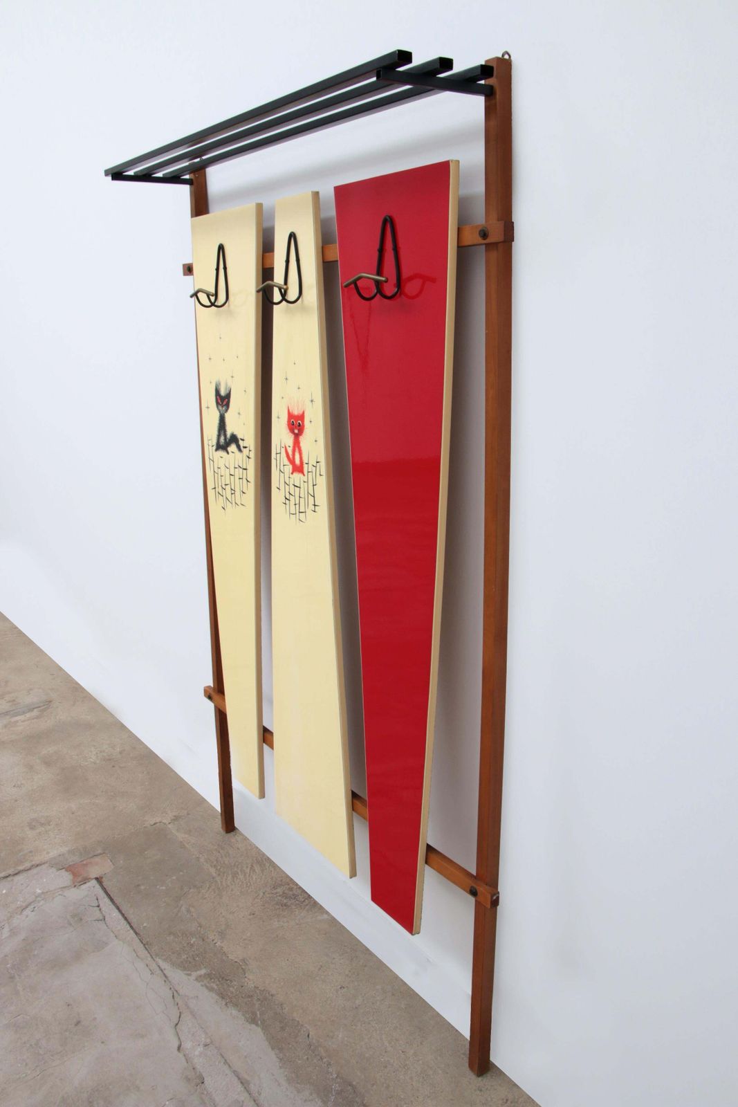 Italian Wall Coat Rack With Red Cats, Cream And Hat Rack, 1960 photo for sale