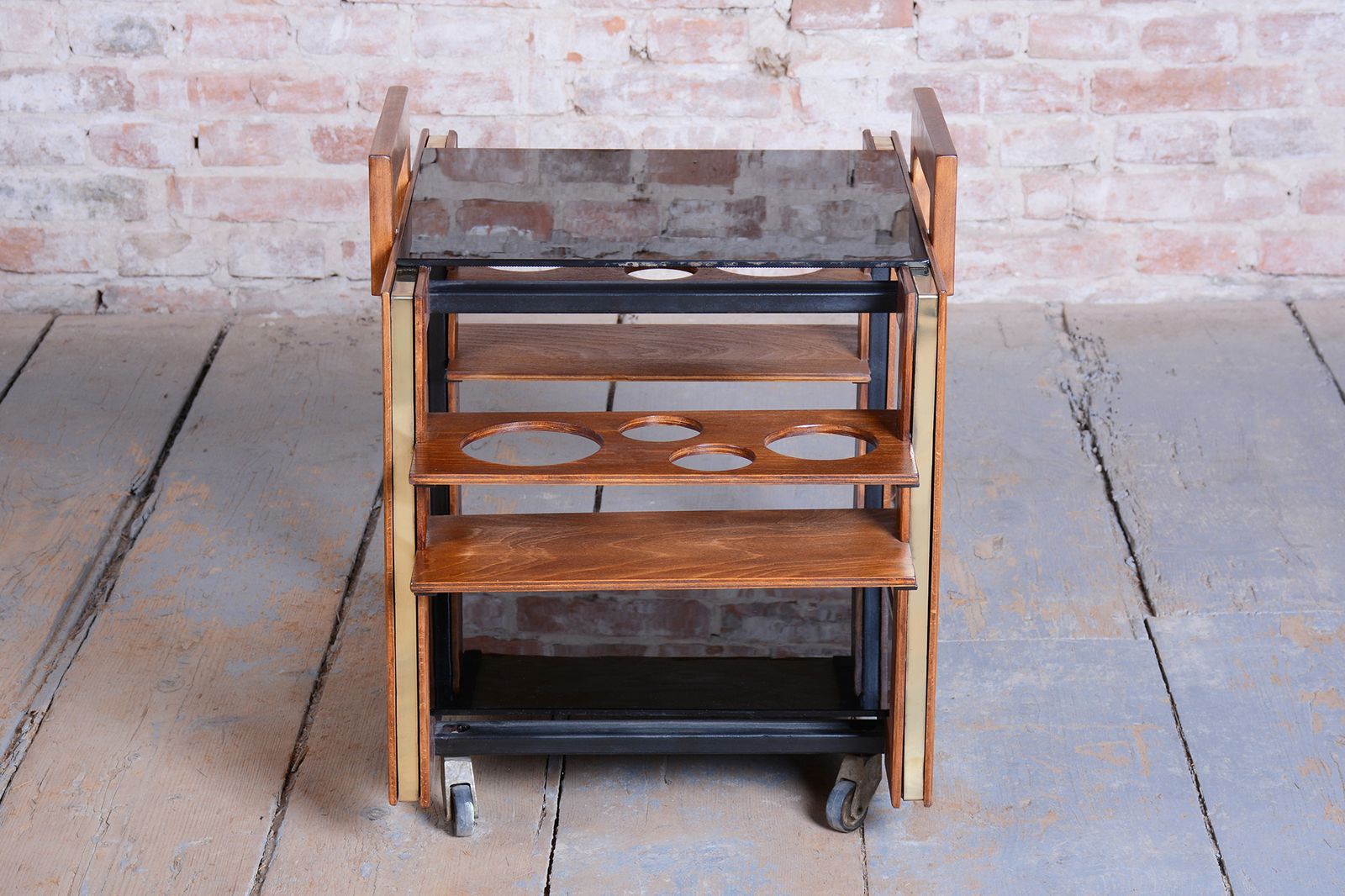 Restored Art Deco Trolley, Beech, Brass, Opaline Glass, New Polish, Czech, 1950s photo vintage