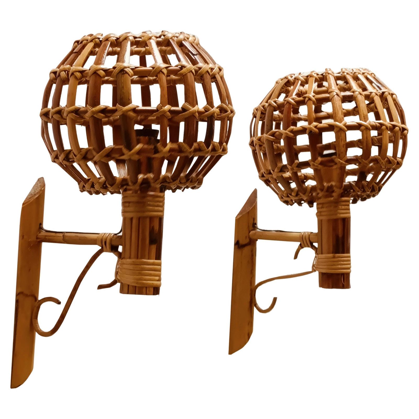Louis Sognot Pair Of "Lantern" Wall Lamps In Bamboo And Rattan, France