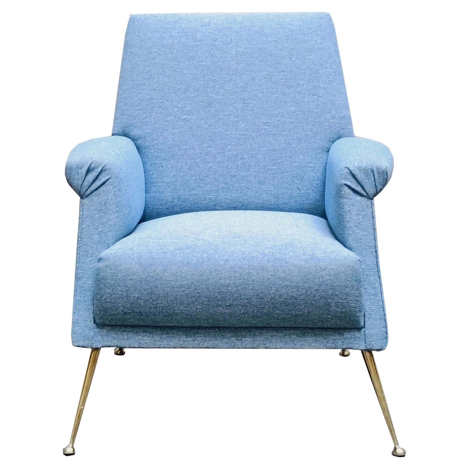 Refined Armchair In Light Blue Fabric And Brass Feet,  Italy 1960s