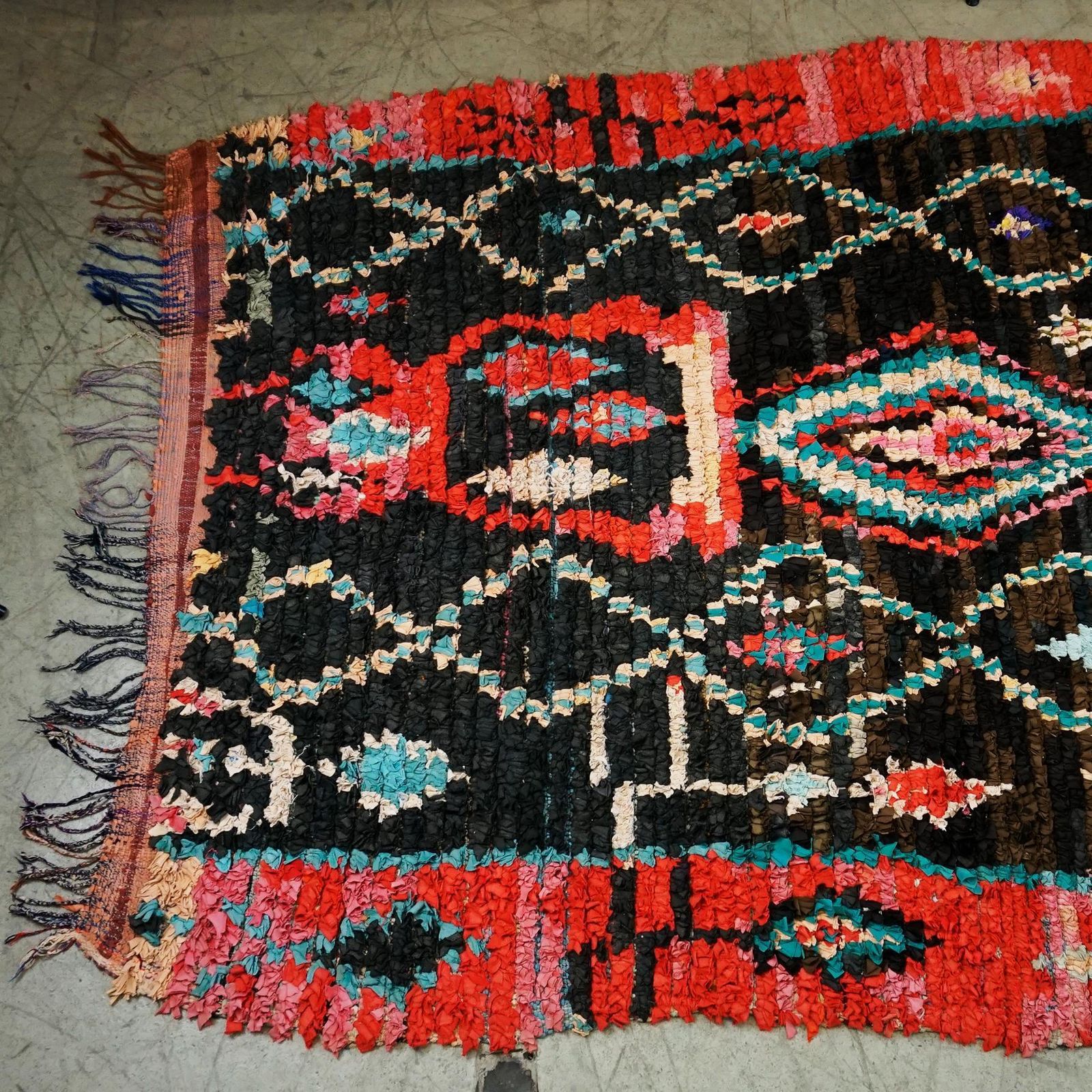 Vintage Multicoloured Hand Knotted Moroccan Berber Boucherouite Rug photo furniture