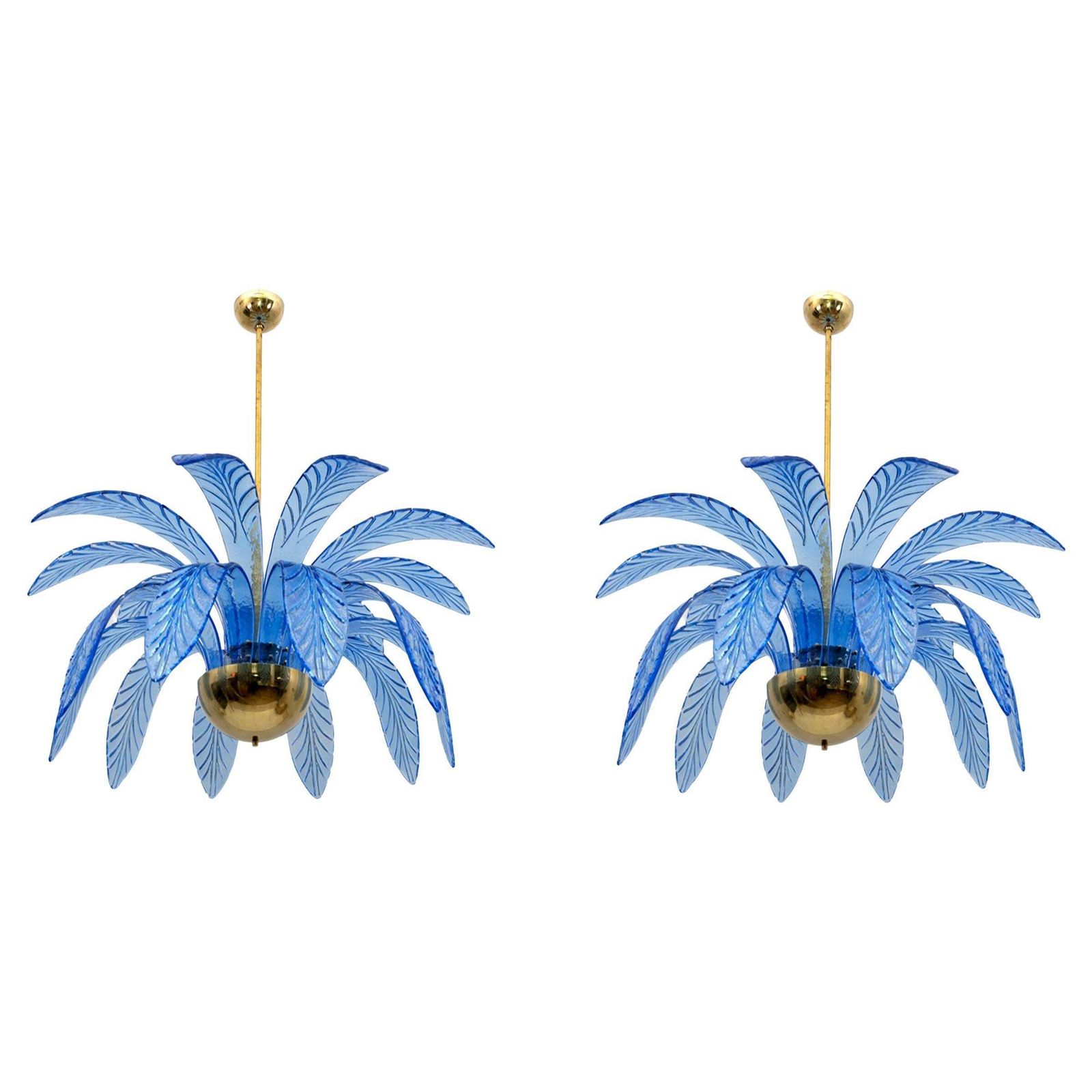Pair Of Mid Century Modern Palm Leaves Chandelier Murano Glass And Brass, 1970s