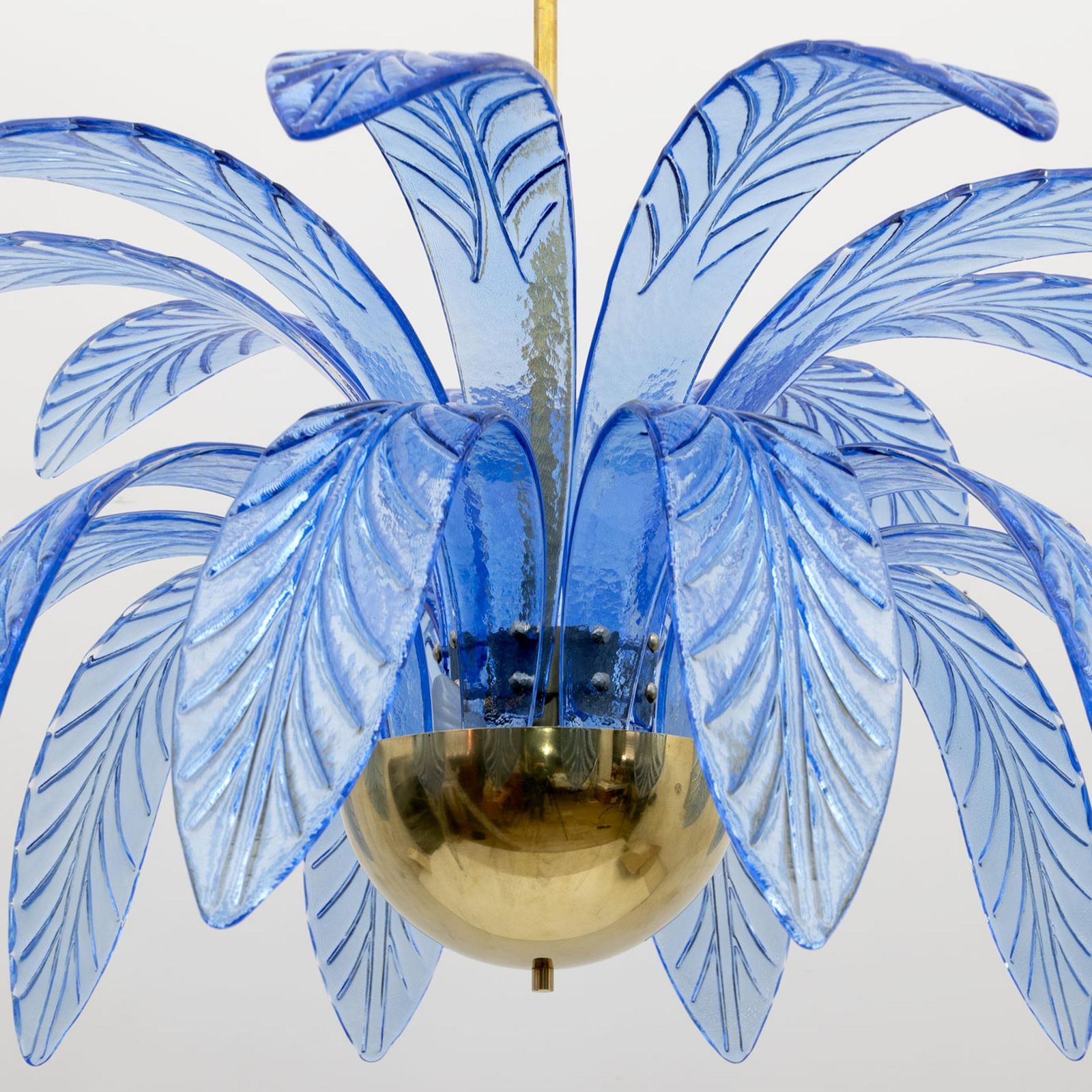 Pair Of Mid Century Modern Palm Leaves Chandelier Murano Glass And Brass, 1970s photo vinterior