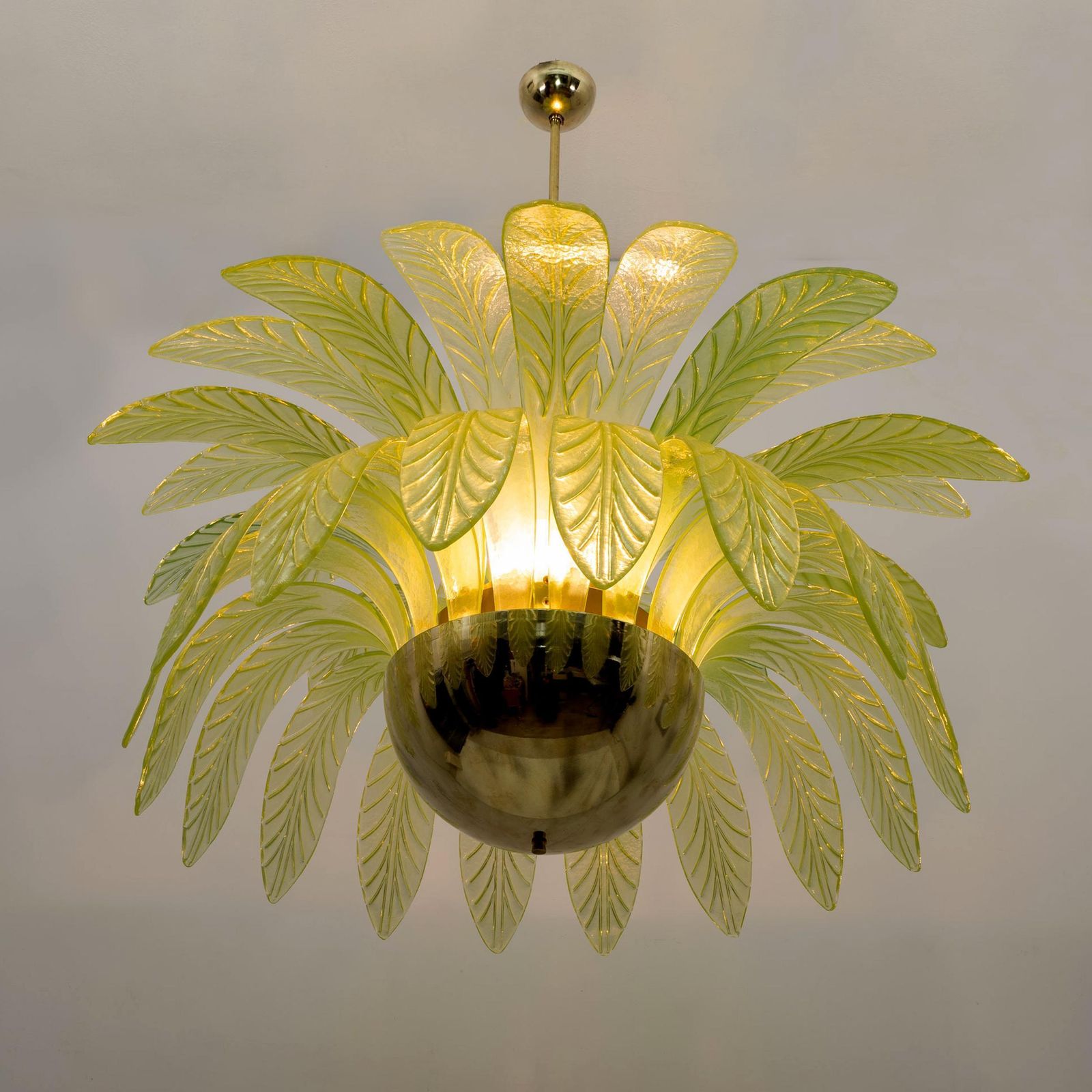 Pair Of Large Mouth Blown Murano Glass Chandeliers, 38 Blue Murano Glass Leaves photo Lighting