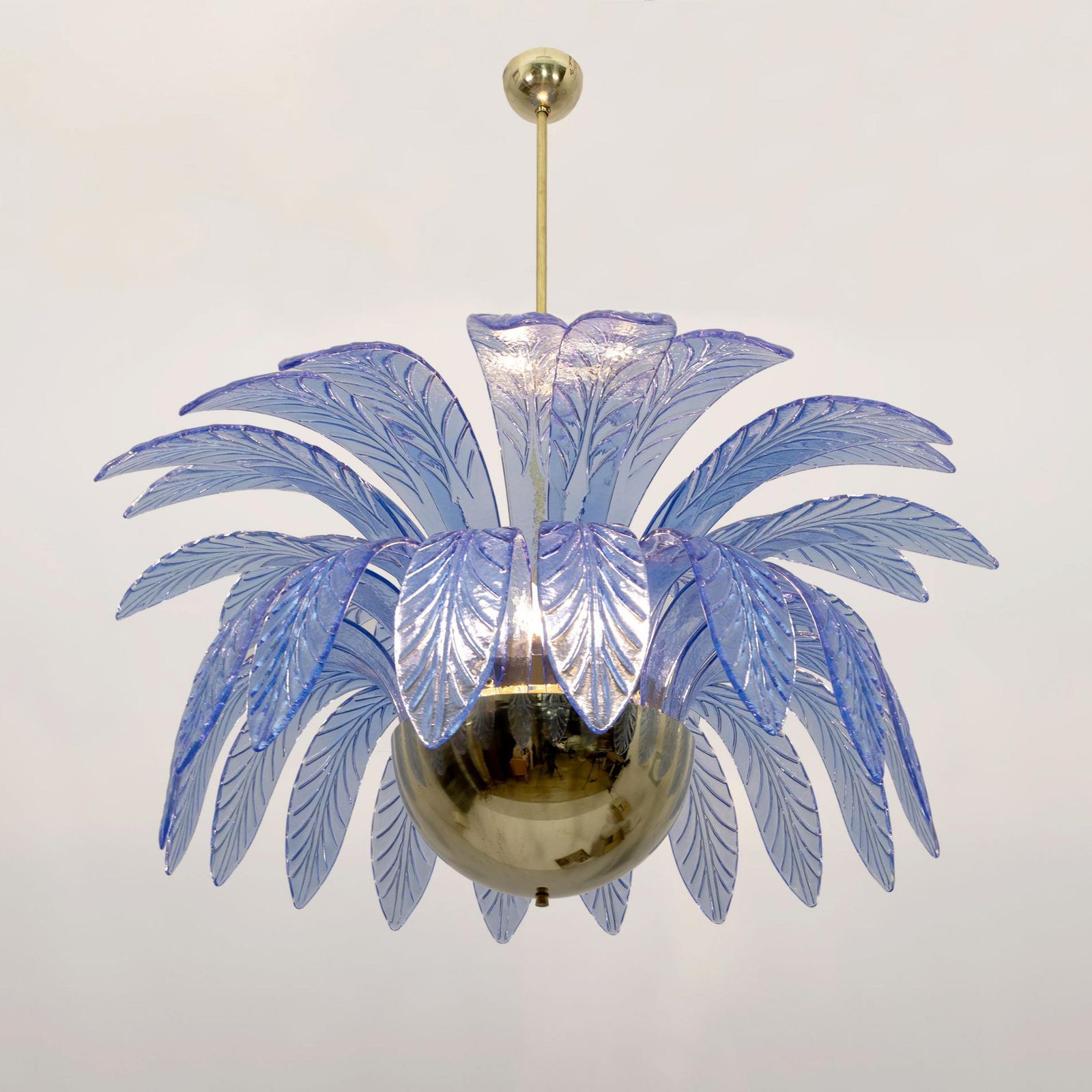 Pair Of Mid Century Modern Palm Leaves Big Chandelier Murano Glass And Brass photo buy