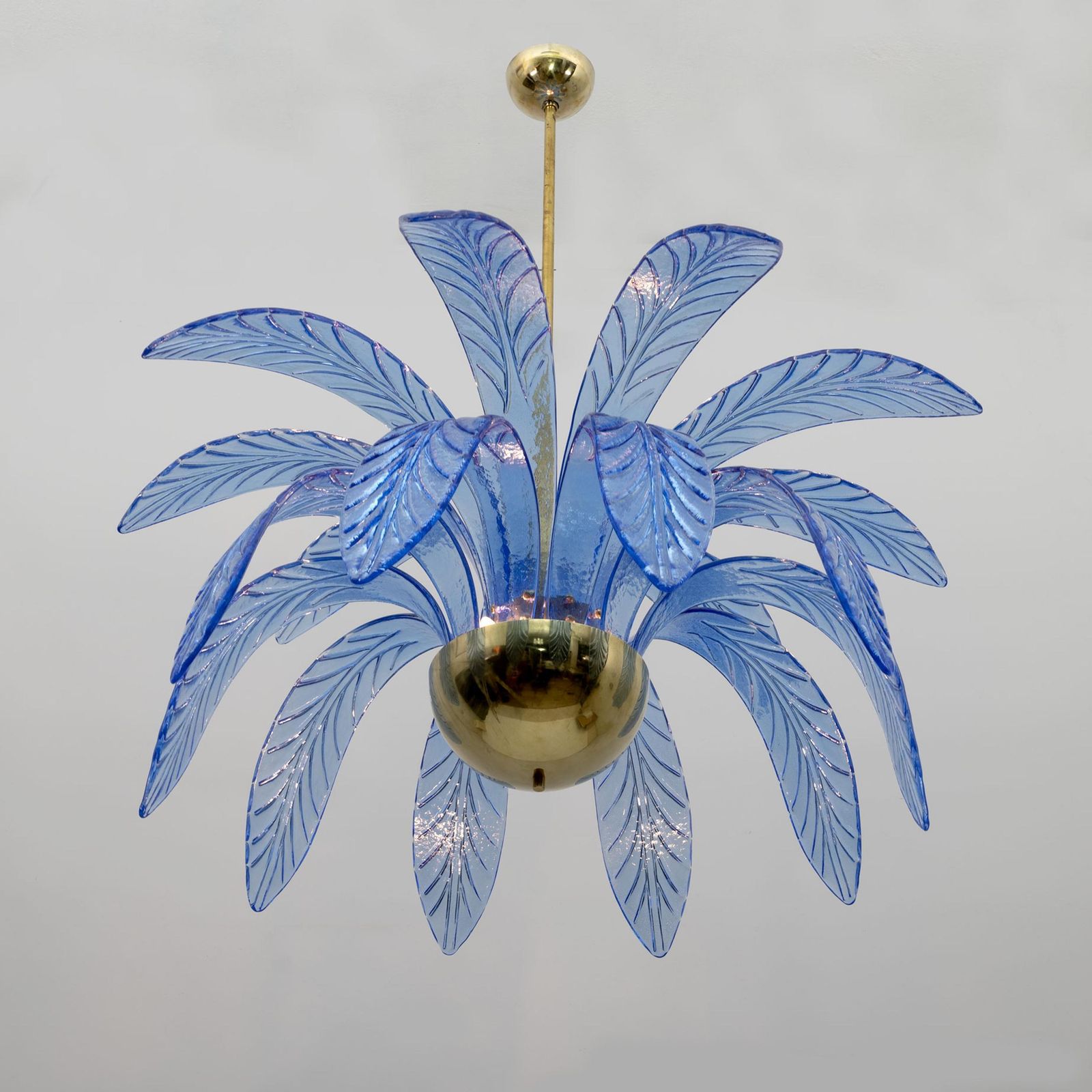 Mid Century Modern Palm Leaves Chandelier Light Blue Murano Glass And Brass, 70s photo vintage