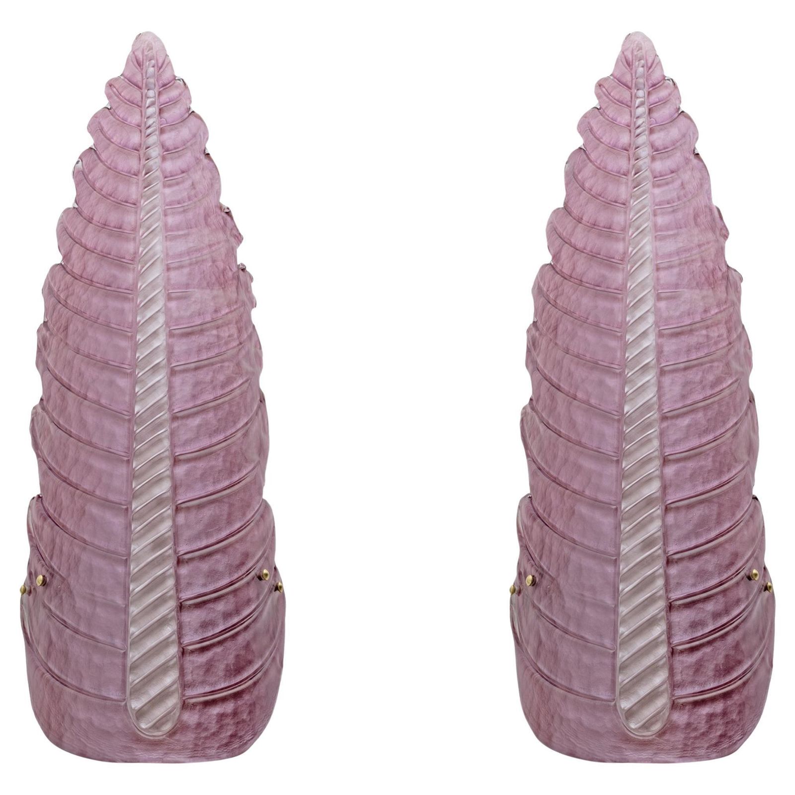 Pair Of Mid Century Modern Murano Glass Amethyst Pink Big Leafs Sconces