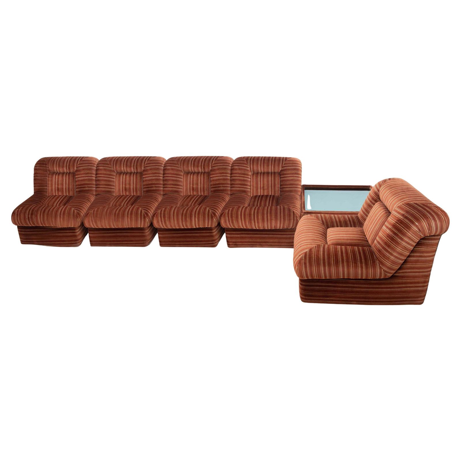 Set Of Vintage Italian Velvet Five Modular Armchairs And Coffee Table, 1970s