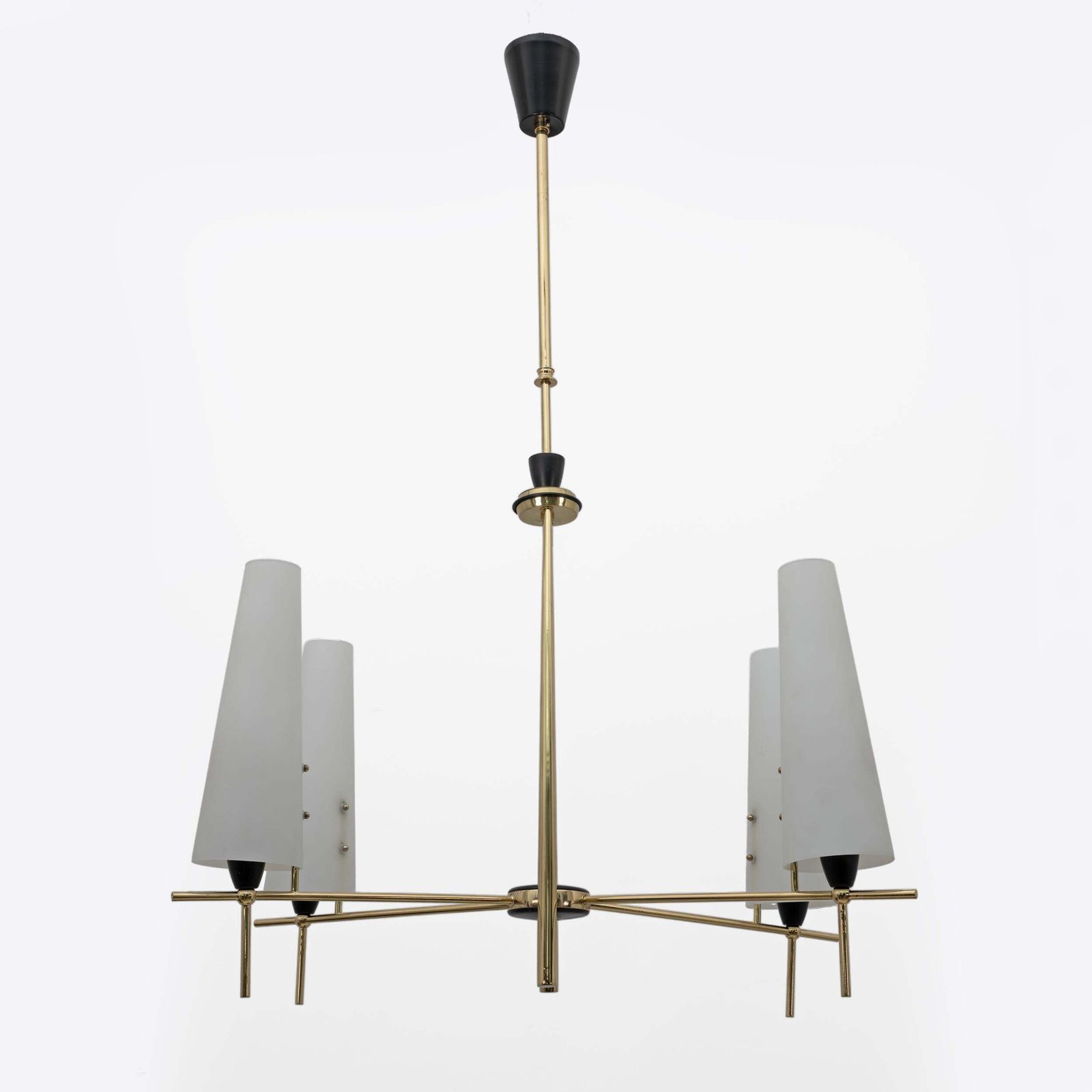 Stilnovo Style Mid Century Modern Italian Brass And Opaline Glass Chandelier 60s photo vinterior
