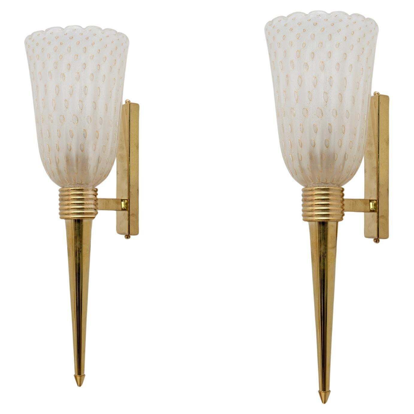 Pair Of Mid Century Modern Italian Brass And Pulegoso Murano Glass Sconces