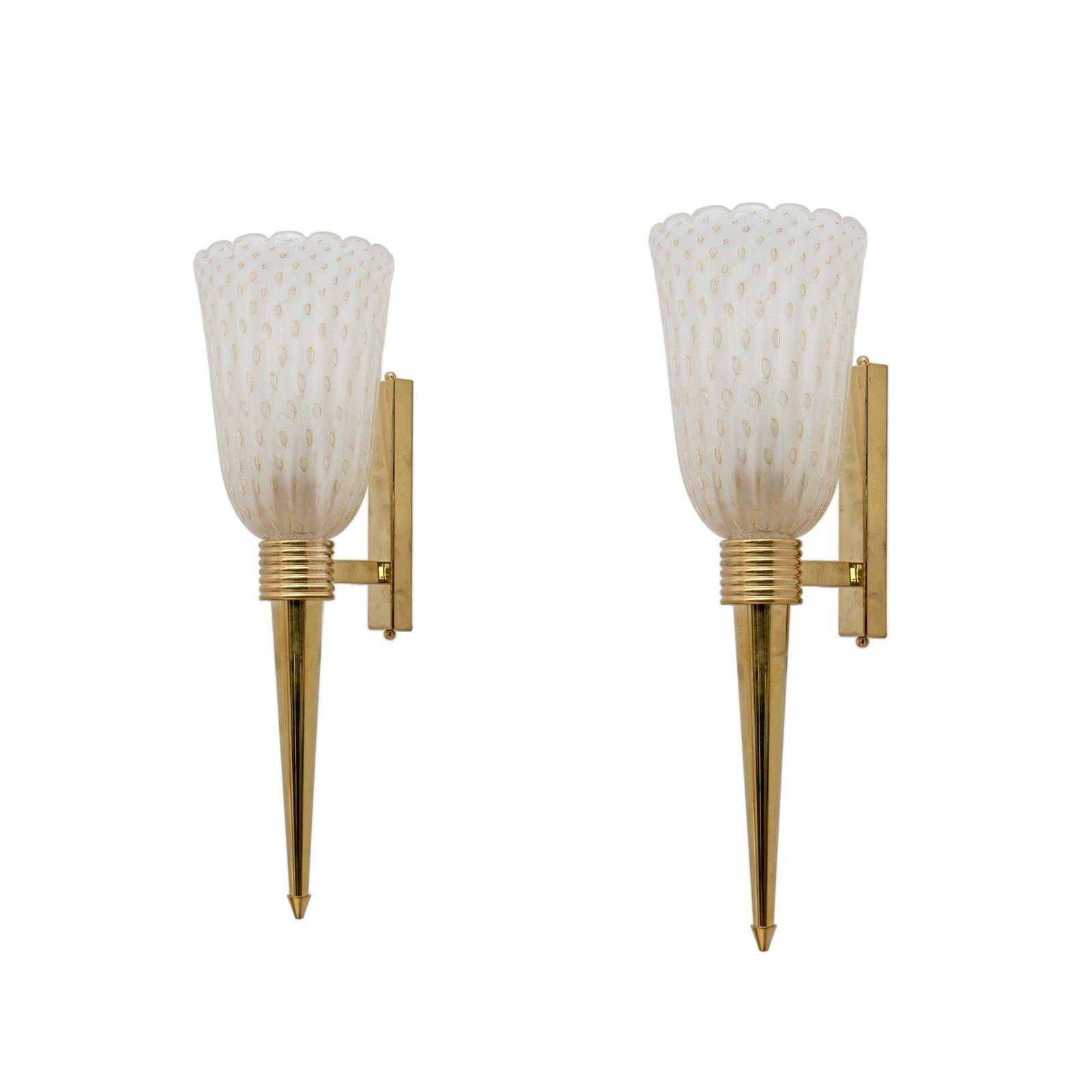 Pair Of Mid Century Modern Italian Brass And Pulegoso Murano Glass Sconces photo furniture