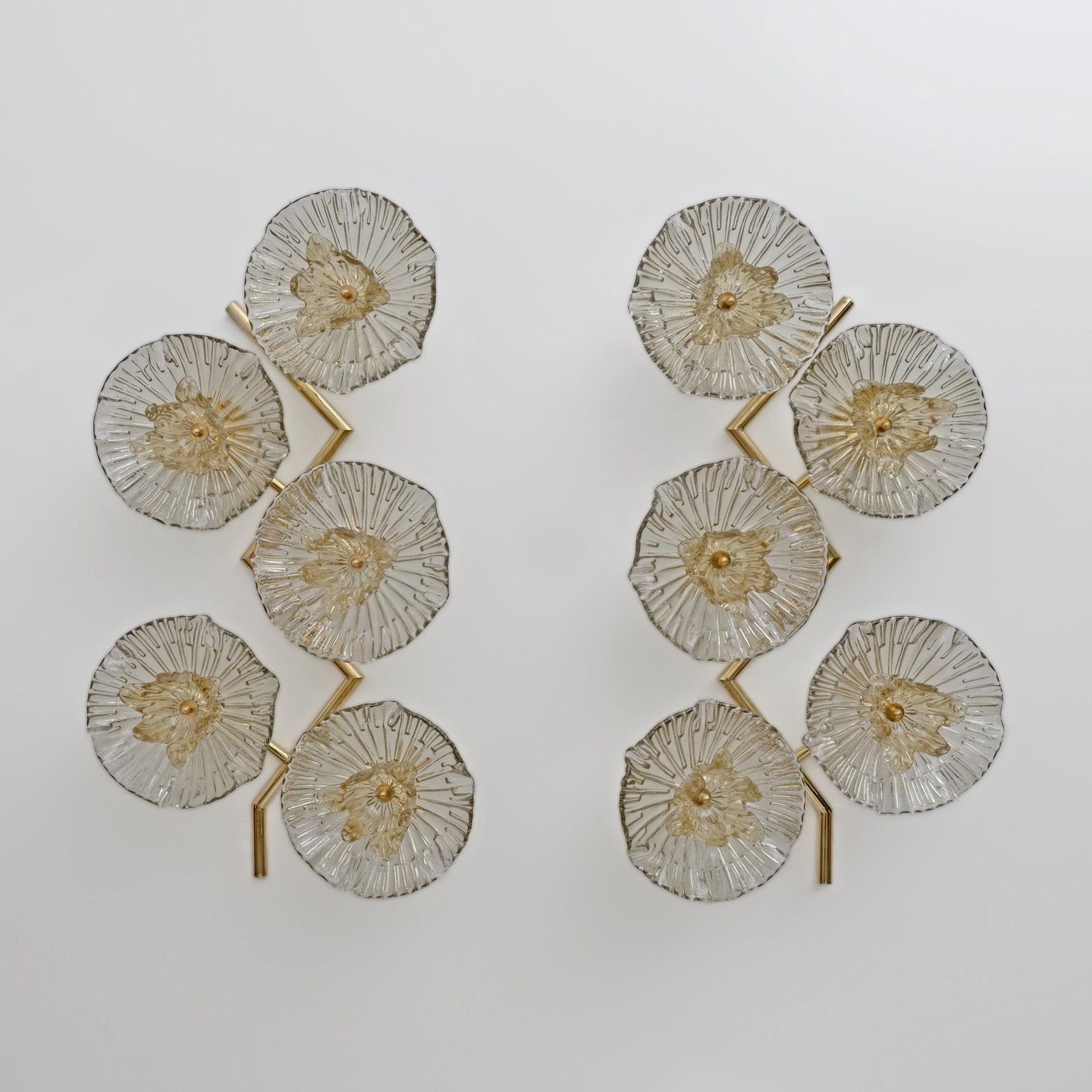 Pair Of Modern Italian Murano Glass And Brass Flowers Wall Lamps photo furniture
