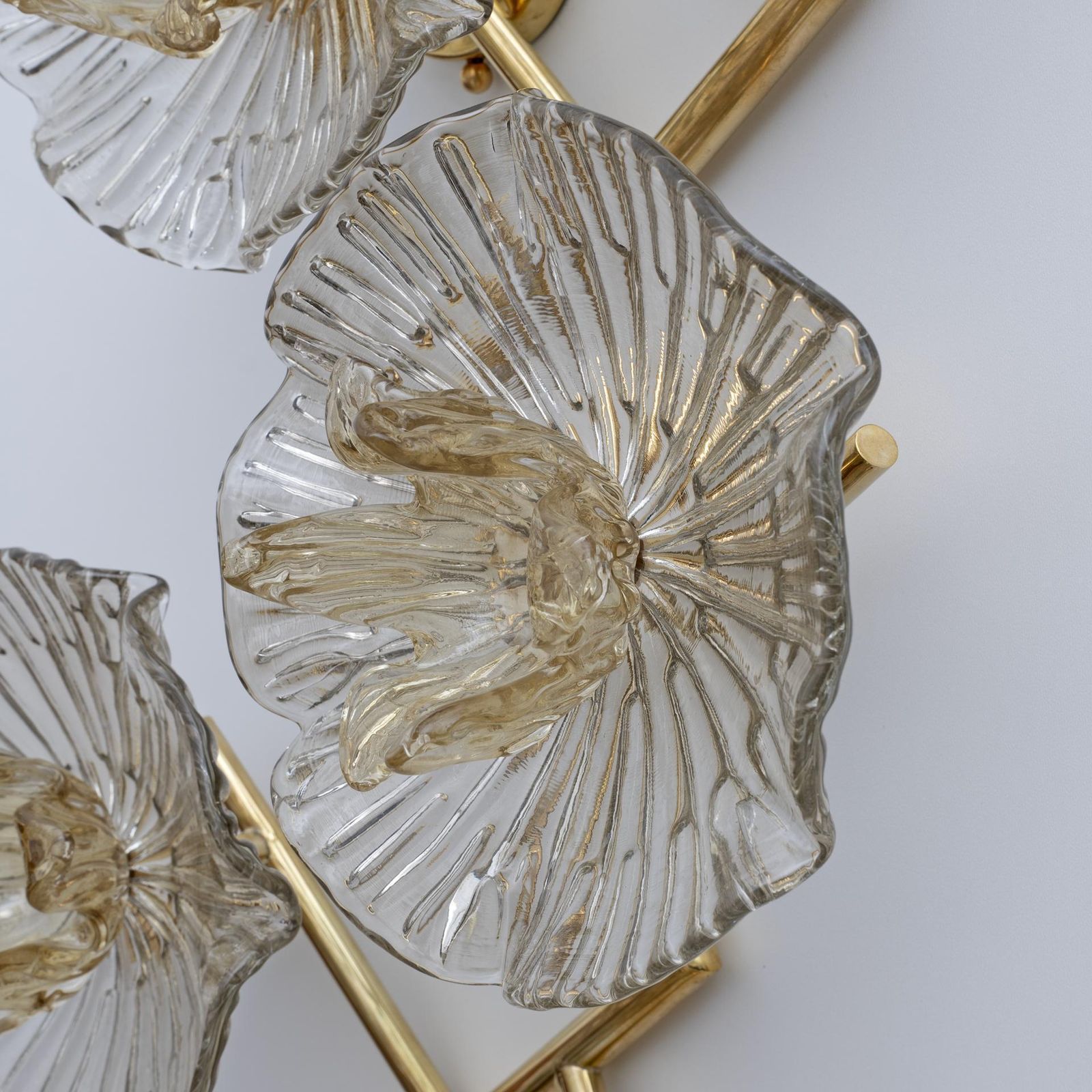 Pair Of Modern Italian Murano Glass And Brass Flowers Wall Lamps photo vinterior