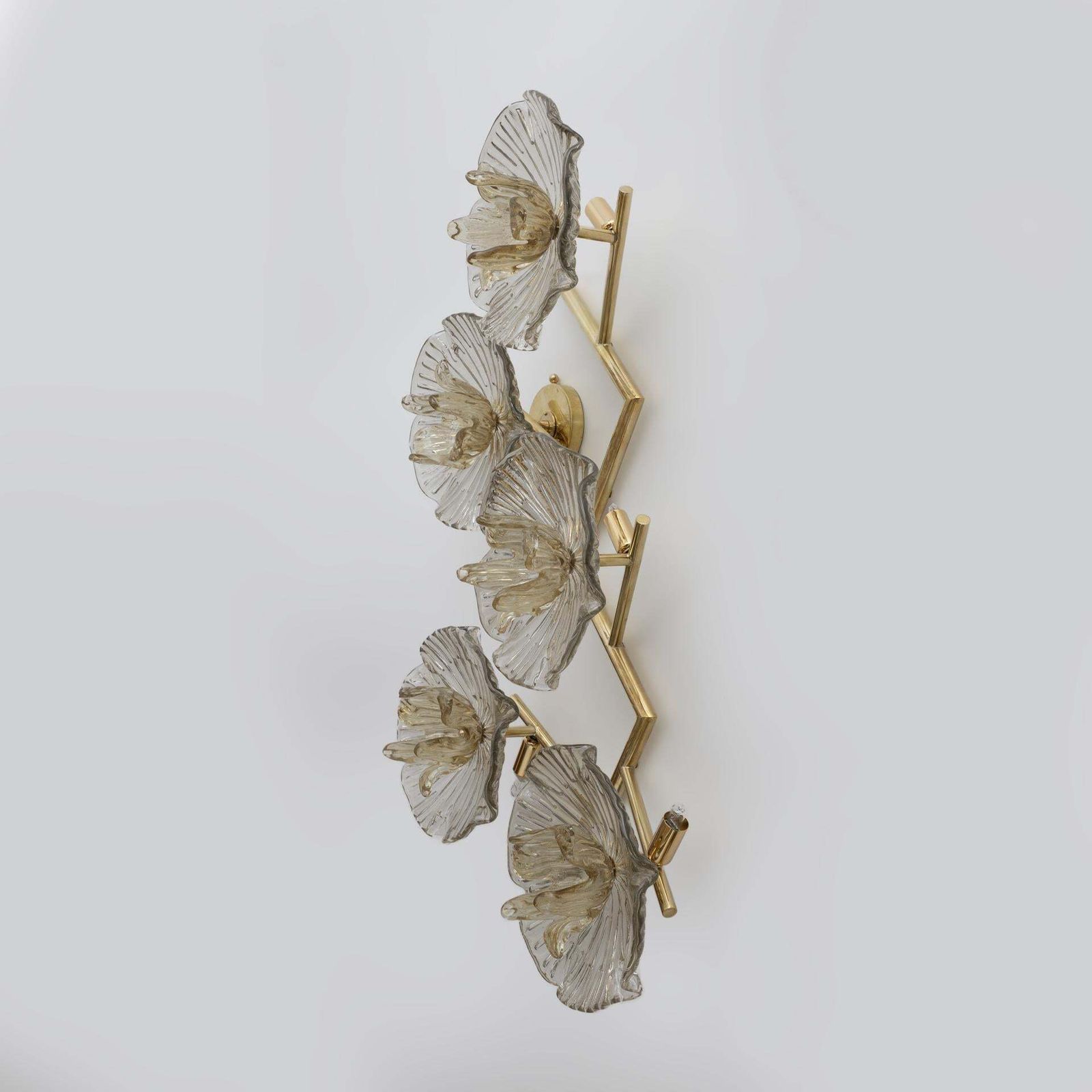 photo for sale Pair Of Modern Italian Murano Glass And Brass Flowers Wall Lamps