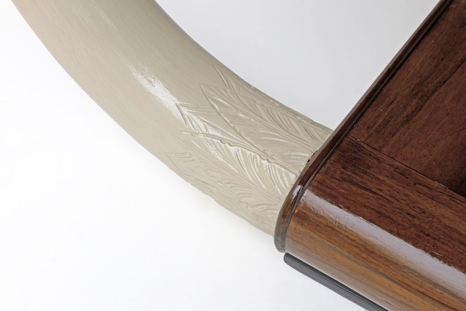 Art Deco Italian Walnut And Top Glass Table With Elephant Tusk Legs, 30s photo for sale