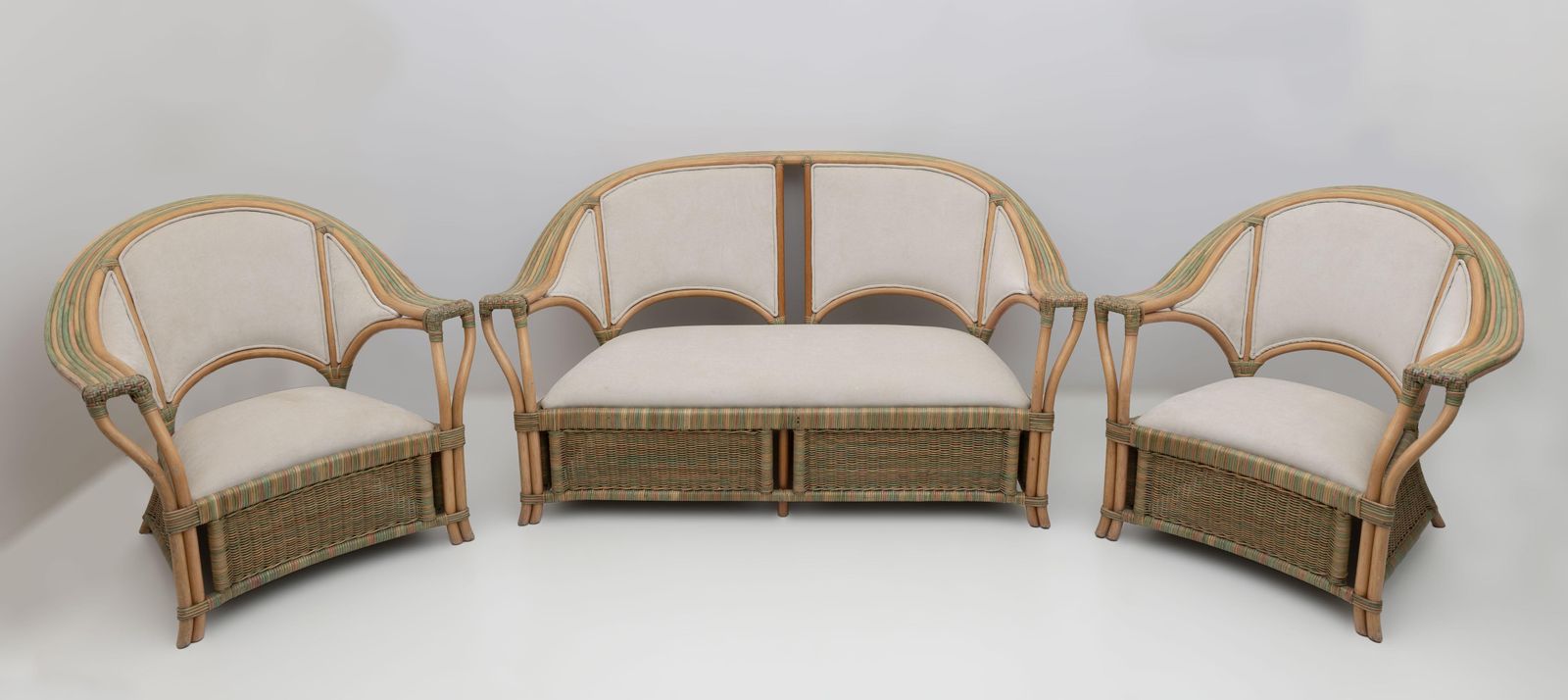 Mid Century Modern Italian Rattan And Wicker Two Armchairs And Sofa, 1970s photo buy