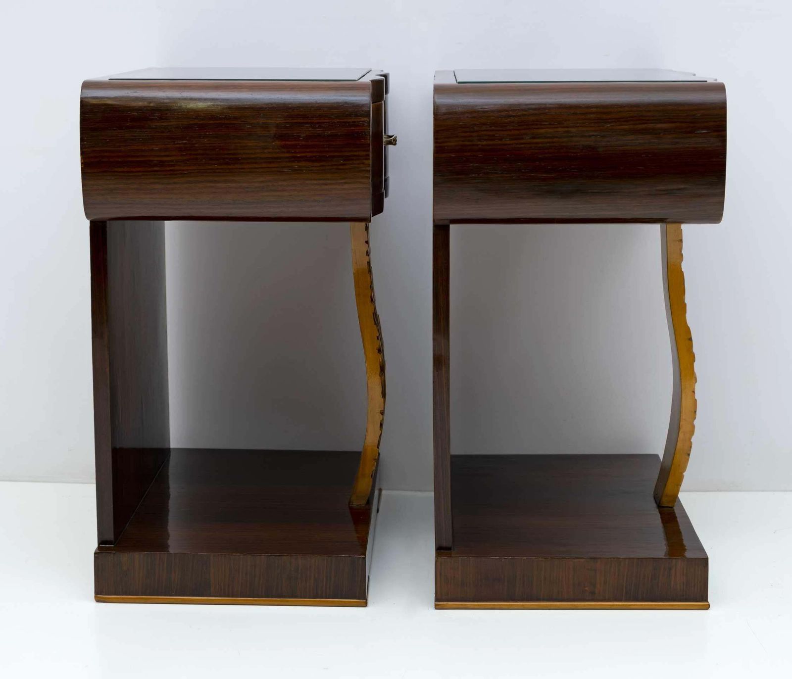Pair Of Art Deco Italian Walnut Briar And Maple Bedside Tables, 1920s photo vinterior