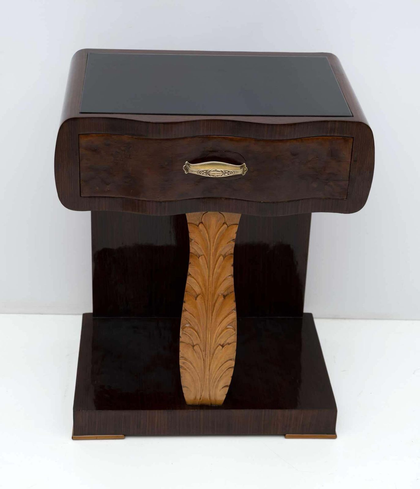 photo for sale Pair Of Art Deco Italian Walnut Briar And Maple Bedside Tables, 1920s