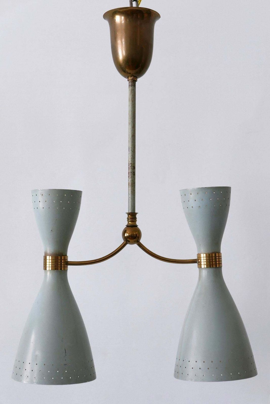Rare Mid Century Modern Two Armed Diabolo Pendant Lamp Or Chandelier Italy 1950s photo vinterior