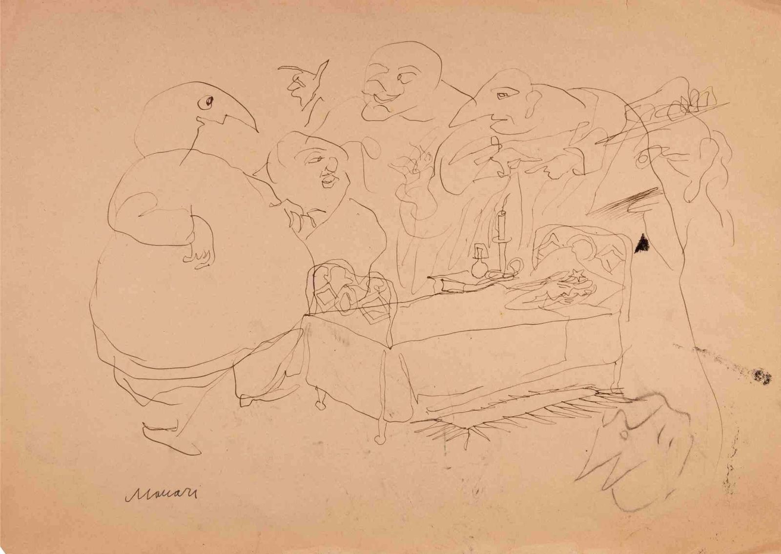 Mino Maccaricharacters   Drawing By Mino Maccari   Mid 20th Centurymid 20th Century