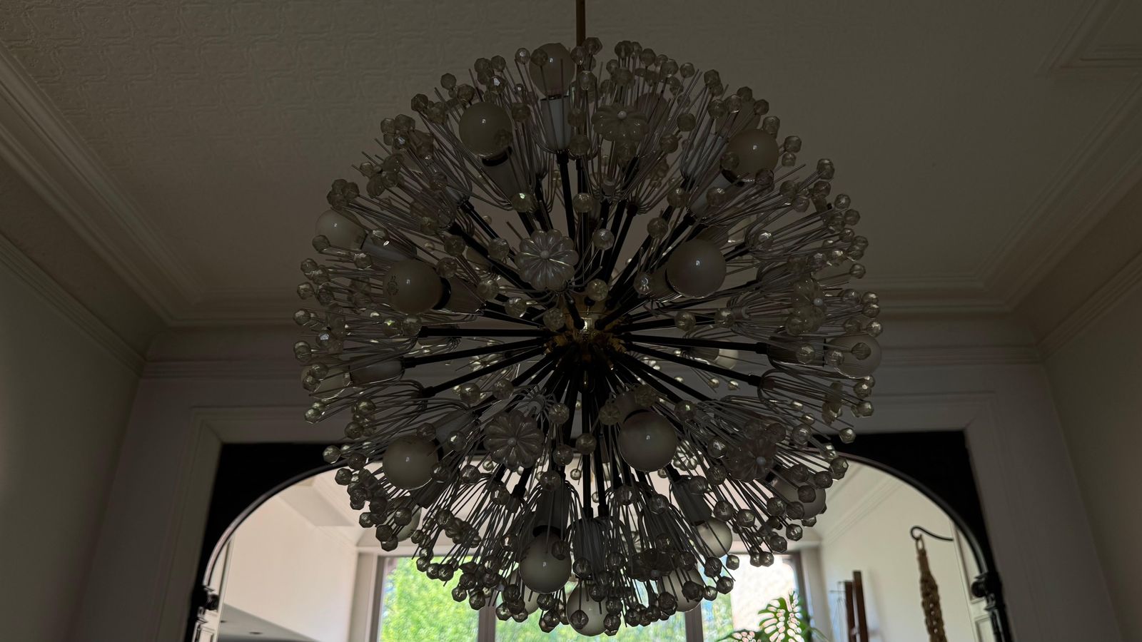 Large Oval Stejnar Flower Glass & Brass Chandelier, Austria, 1950s photo for sale