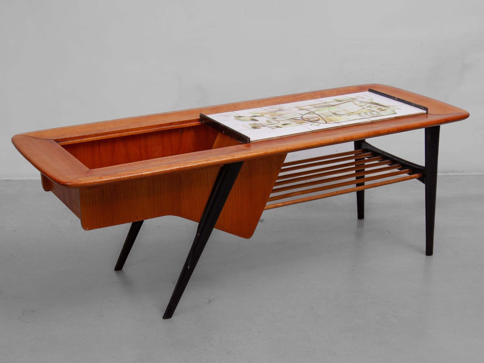 1958 Alfred Hendricks Coffee Bar Table With Figurative Tiles Tray photo vintage