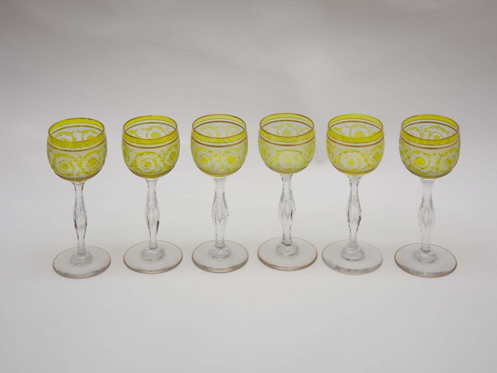 Home Decor Set Of Six Saint Louis, Thistle Engraving Green Wine Glasses, 1910, France photo
