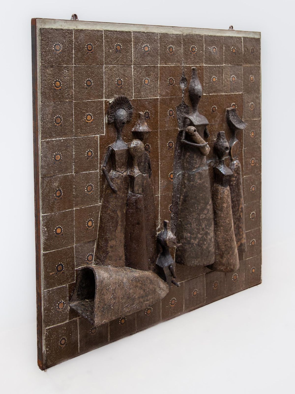 Large Wall Mounted Brown Toned Ceramic Sculpture Women With Child, 1960s photo buy