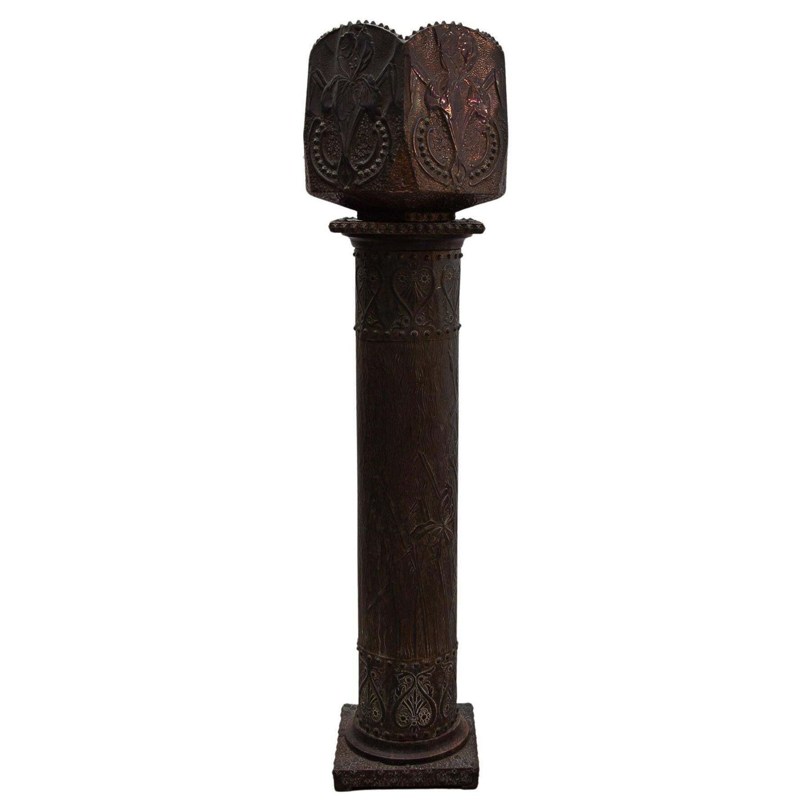 Art Nouveau Pedestal And Planter In Hammered Copper By Large Iris Flowers photo buy
