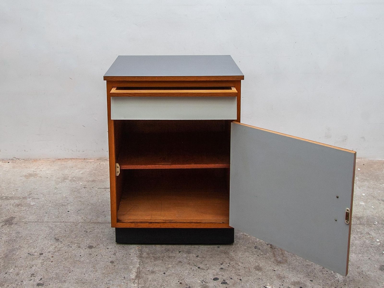 Modernist Blue And White Laminate Fifties Small Sideboard Tubax 1958, Belgium photo for sale