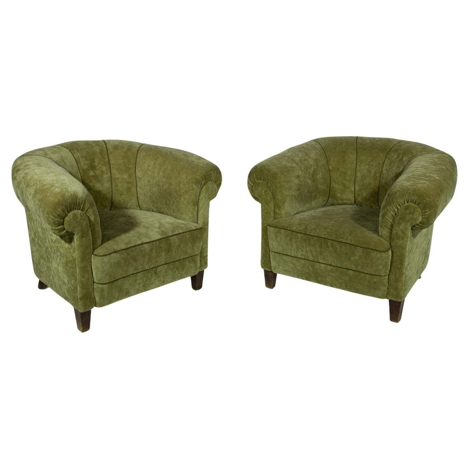 Art Deco Lounge Chairs In Green Olive Velvet Upholstery