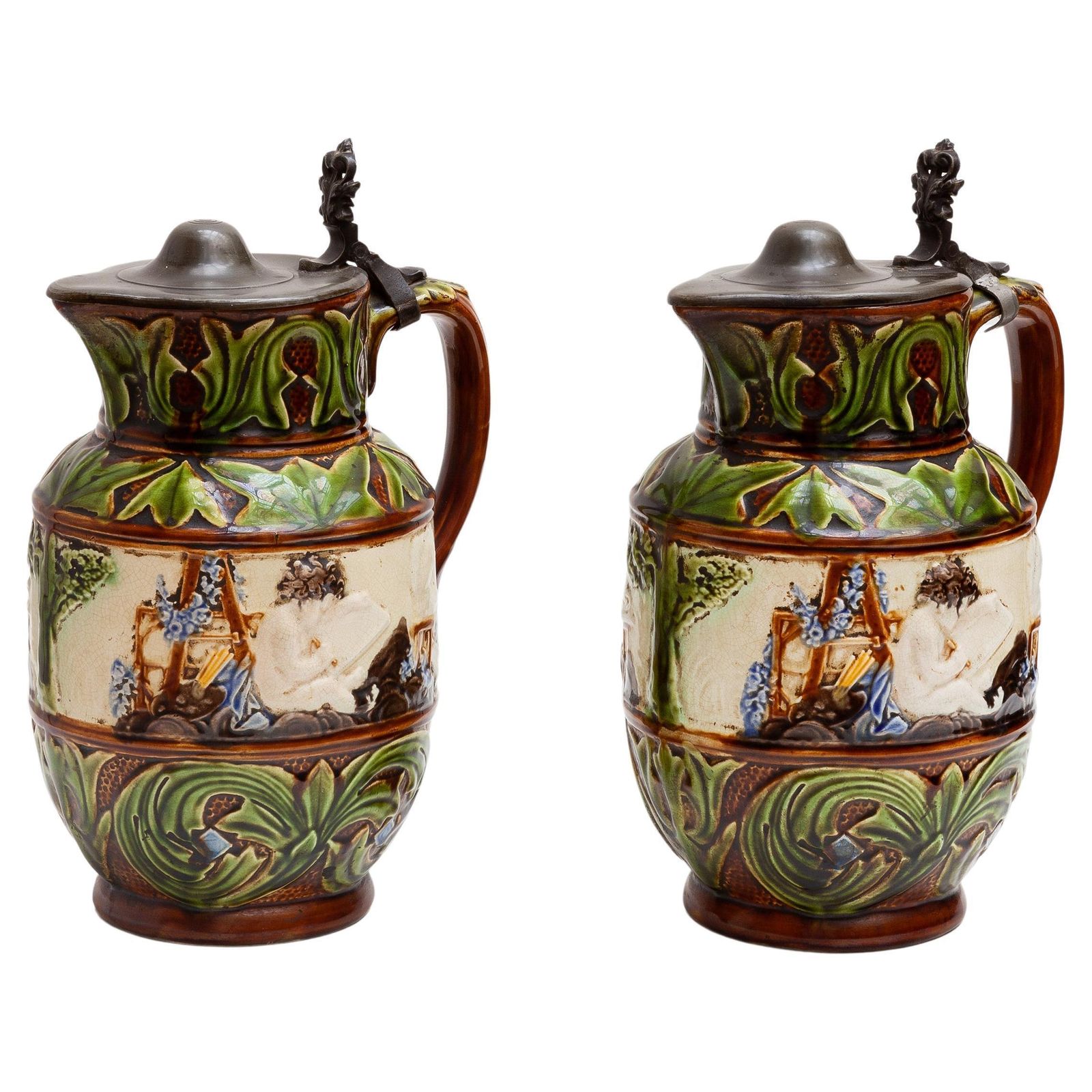 Set Of Two Majolica Jugs, Nimy Faiences Imperiale Belgium