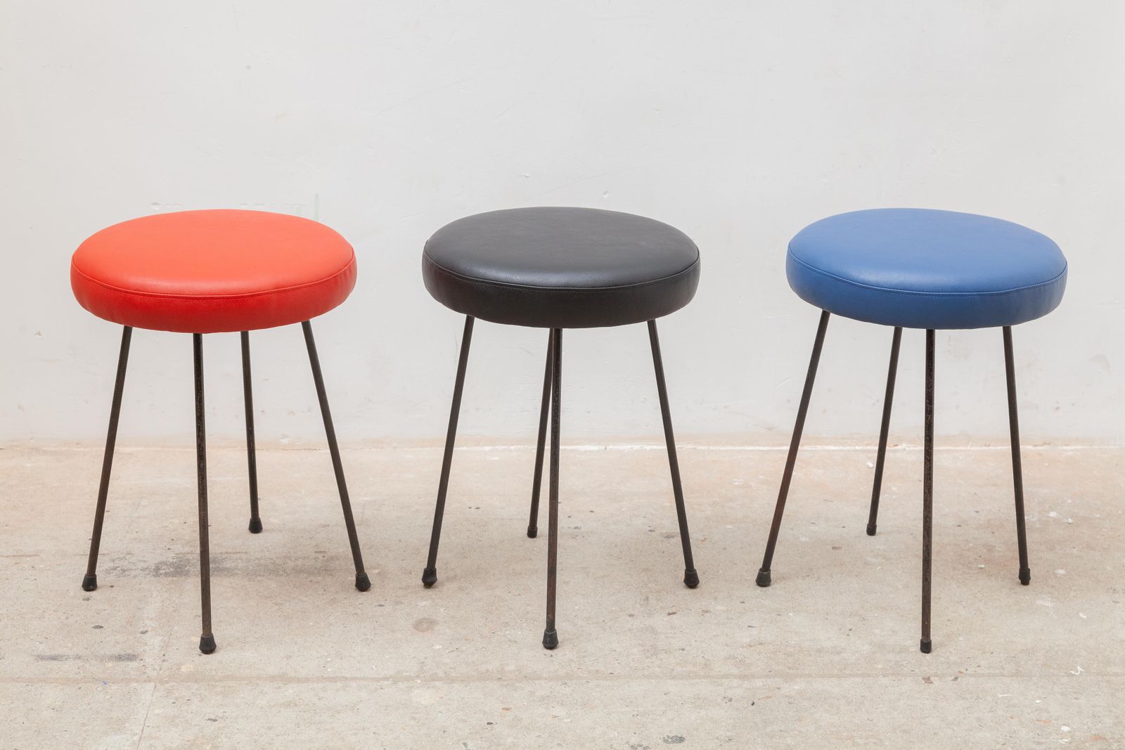 Black, Red And Blue Seats Low Bar Stools, 1950s France photo furniture