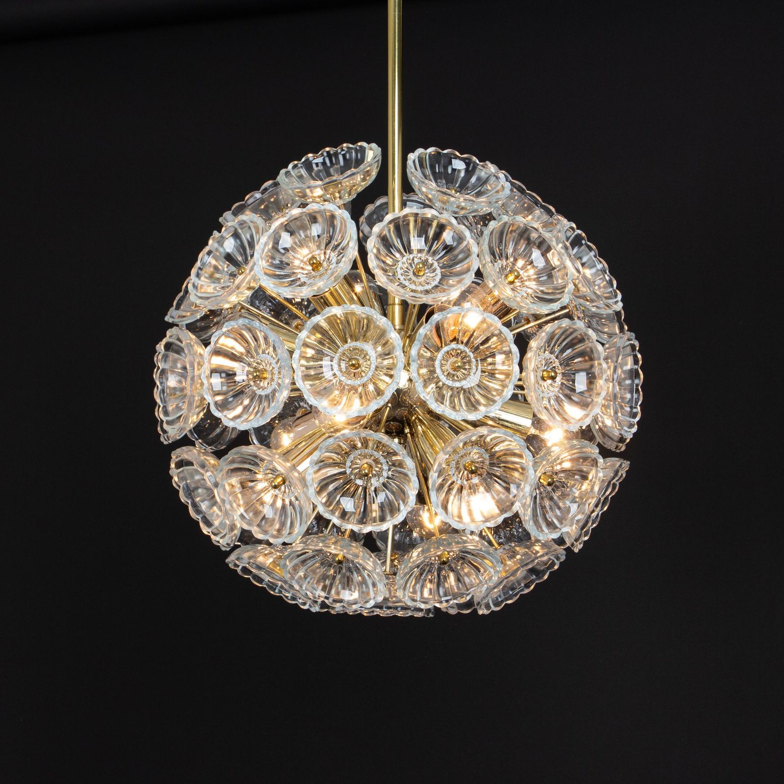 photo furniture Stunning Floral Glass And Brass Sputnik Chandeliers, Germany, 1960s