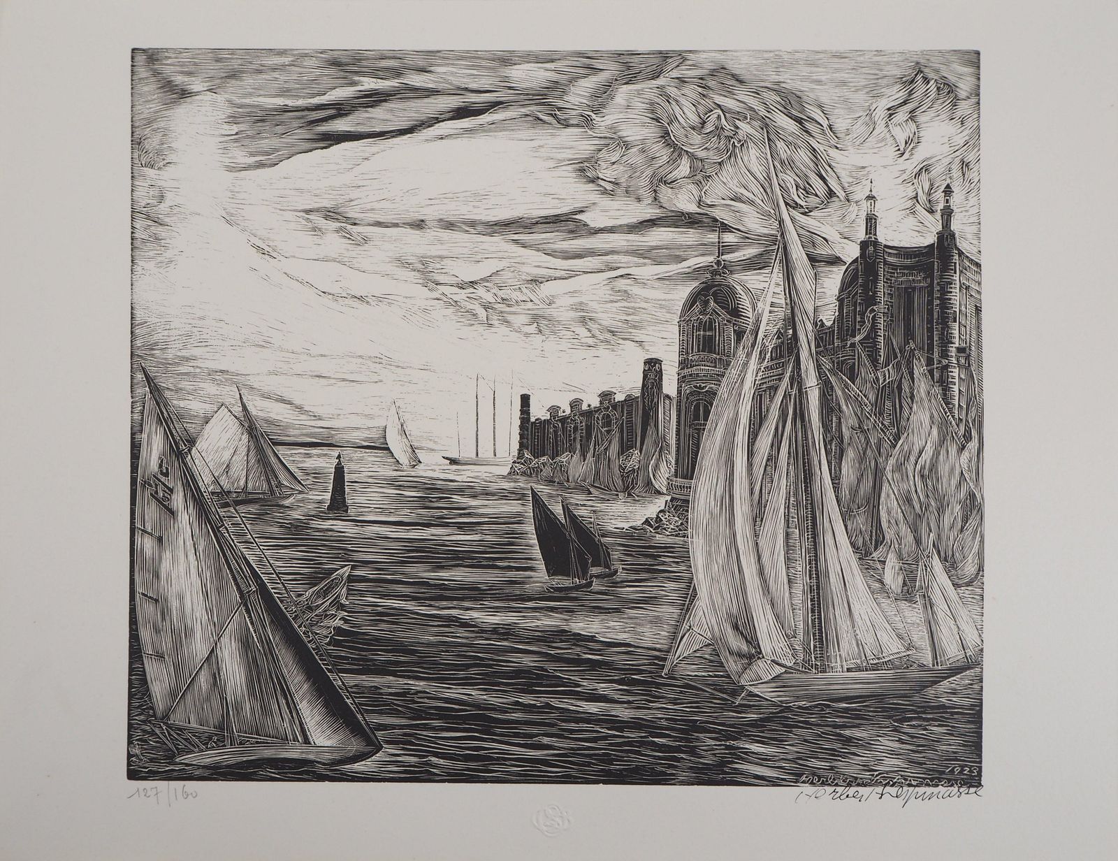 Herbert Lespinasseseascape : Castel And Sailboats   Original Wooodcut, Handsigned1924