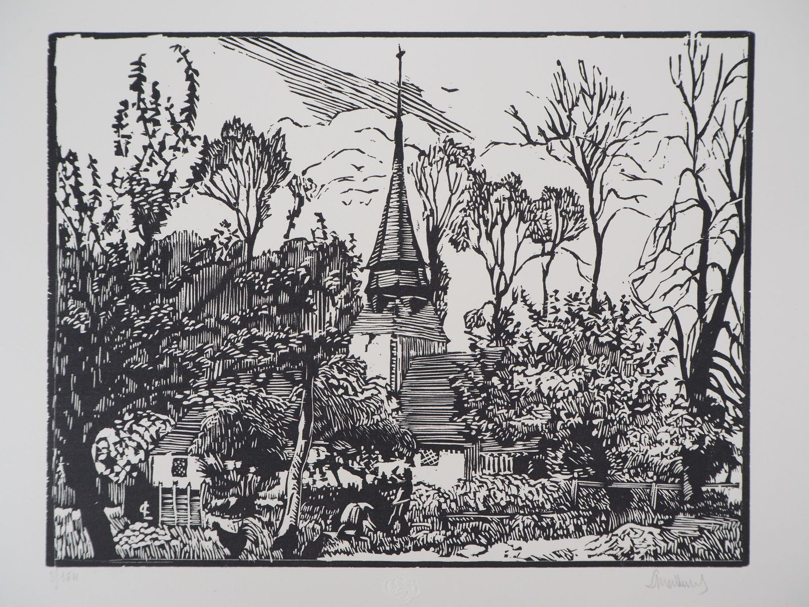 Georges Le Meilleurthe Old Church   Original Wooodcut, Handsigned1922