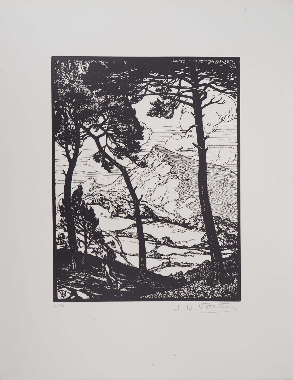 Jean Baptiste Vettinerworker In A Landscape With Pine Trees   Original Wooodcut, Handsigned1922 photo furniture